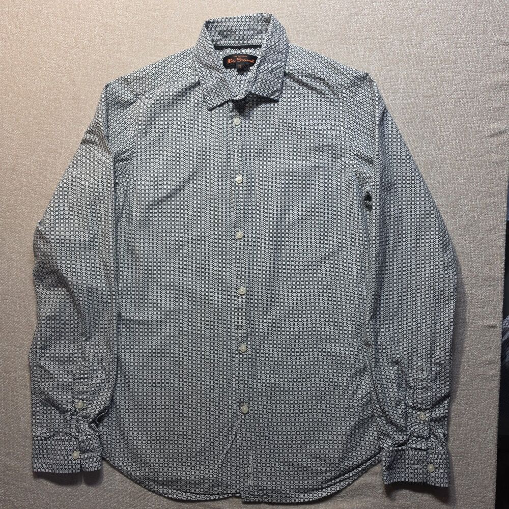 Ben Sherman Men’s Small Geometric Print Long Sleeve Button Down Shirt 100%Cotton